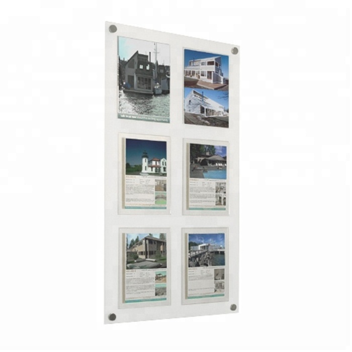 6 Pocket Wall Mount Poster Panels White Acrylic Frames