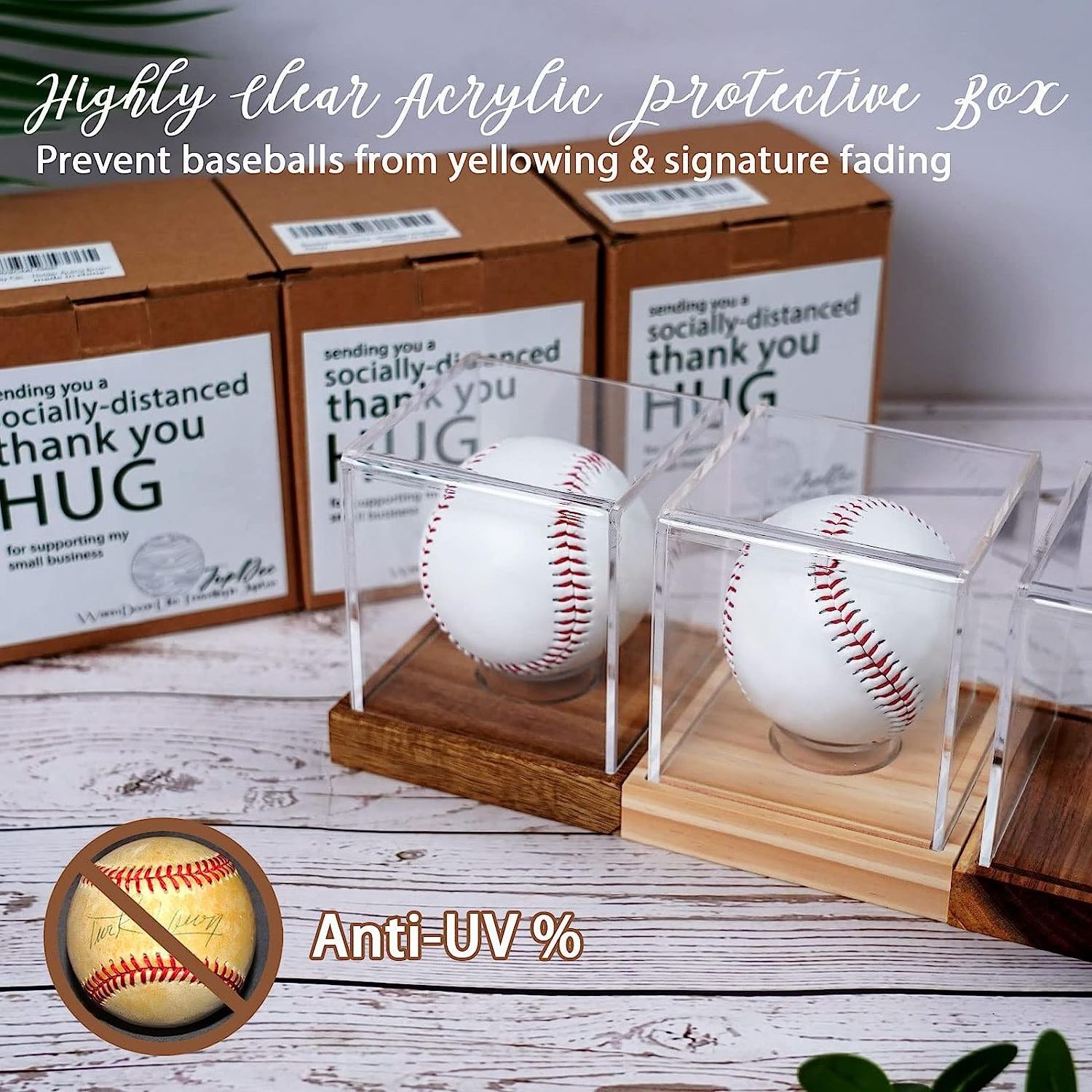 Wood Base Clear Cube Baseball Holder Autograph Baseball Stand Box Square Acrylic Baseball Display Case With Perspex Ring Holder