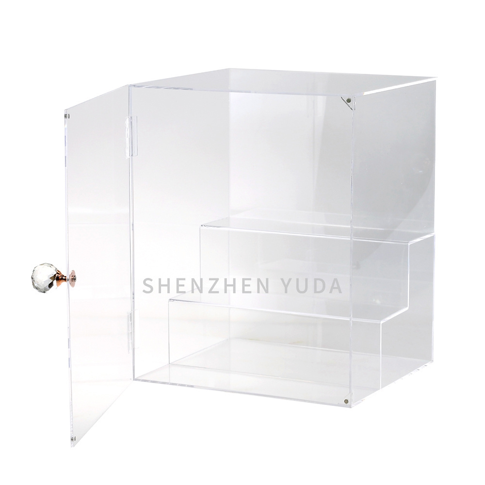 Clear Acrylic 2 Stepped Door Perfume Display Rack Desktop Makeup Case Dustproof Place Perfume Bottle Locker With Crystal Knob