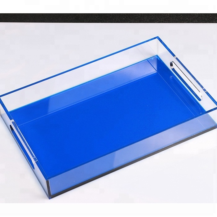 Plexiglass acrylic paper insert tray crystal square acrylic serving tray with round handles in China