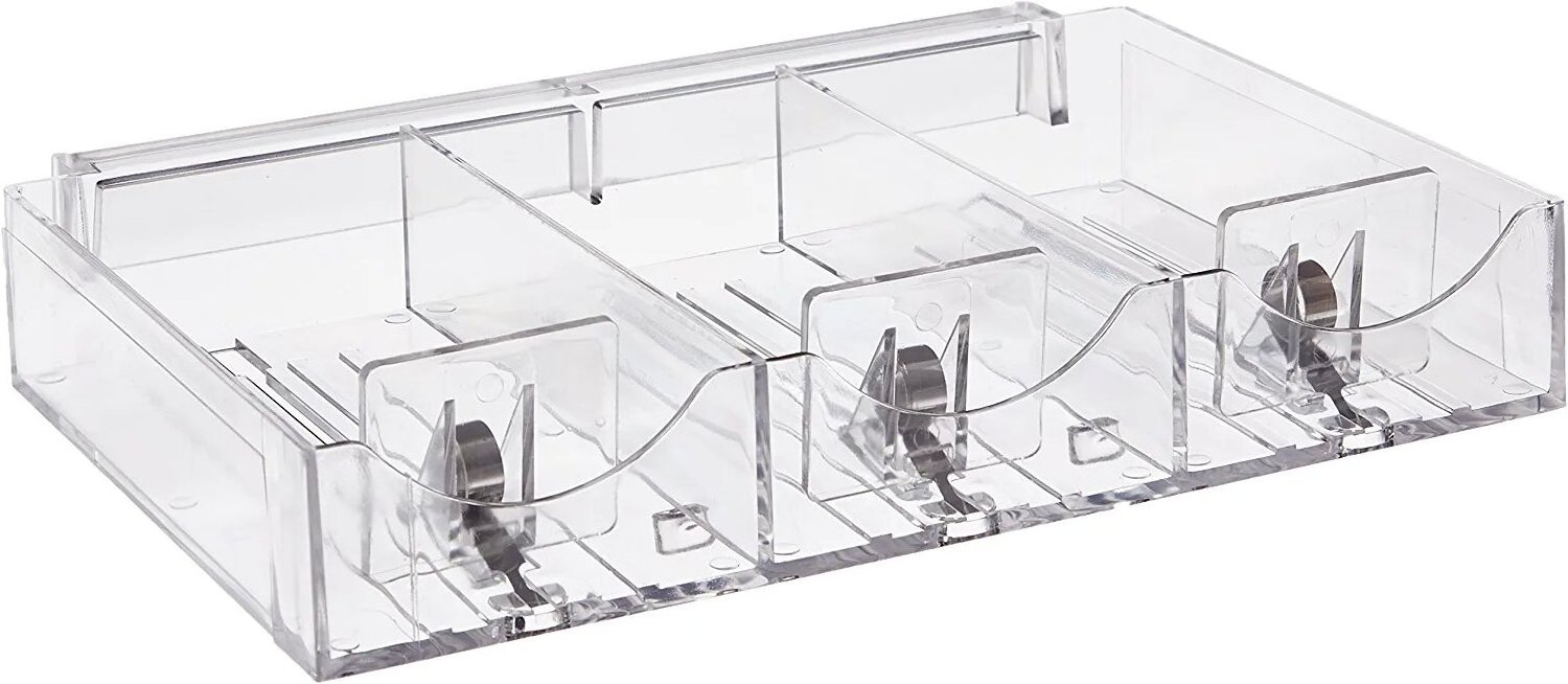 Durable Acrylic Shelf Pusher System Polished Three-compartment Pusher Tray Rectangular Cosmetic Tray with Metal U-Hooks