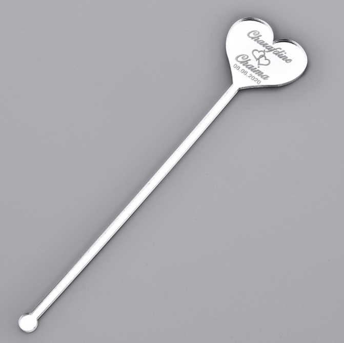 Acrylic Mirror Laser Cutting Engraved Love Heart Cocktail Stirrer Acrylic Drink Stirrer Swizzle Sticks