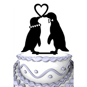 Black Acrylic Cartoon Cake Topper 2 Penguins with Love Heart Wedding Cake Topper Silhouette