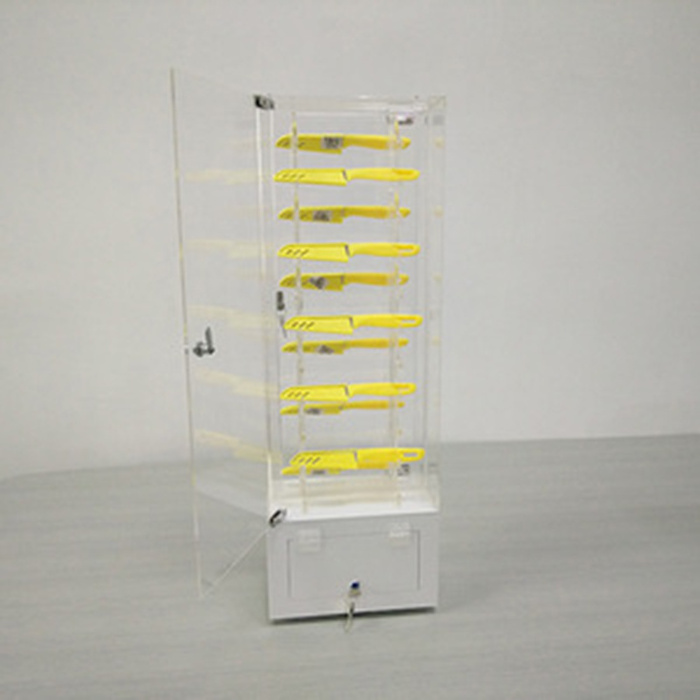 5mm Thick Clear Counter Display Acrylic Cabinet Flat Shelves Locking Slant Front Security Knife Acrylic Display Case