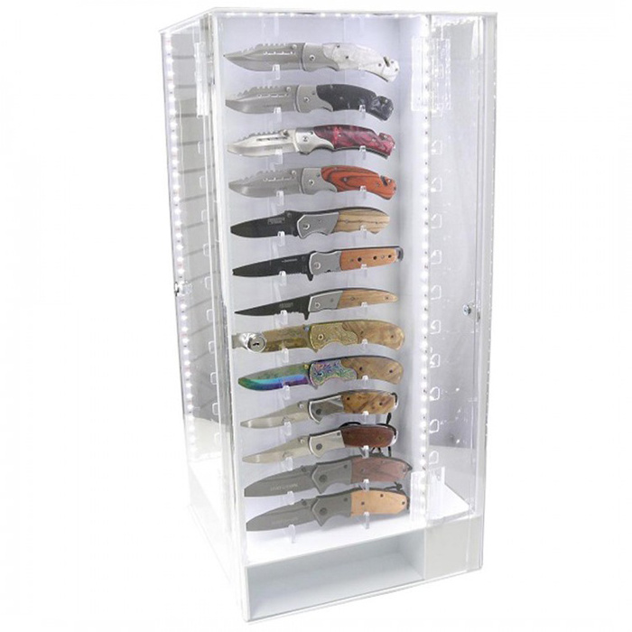 5mm Thick Clear Counter Display Acrylic Cabinet Flat Shelves Locking Slant Front Security Knife Acrylic Display Case