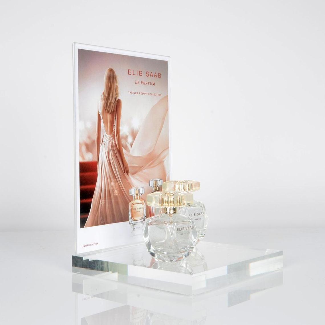 Crystal Clear Acrylic Countertop Product Glorifier Diamond Polished Perspex Cosmetic Perfume Display Stand With A4 A5 Poster