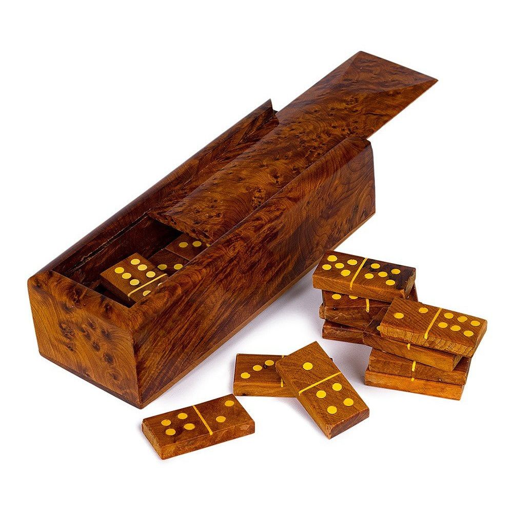 Russian Dominoes Two Six-sided Dice Double Six Wood and Brass Dominos Set Wooden Burl Muggins  European Domino with Wooden Box