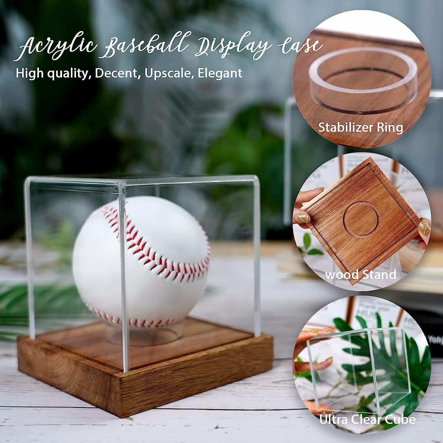 Wood Base Clear Cube Baseball Holder Autograph Baseball Stand Box Square Acrylic Baseball Display Case With Perspex Ring Holder