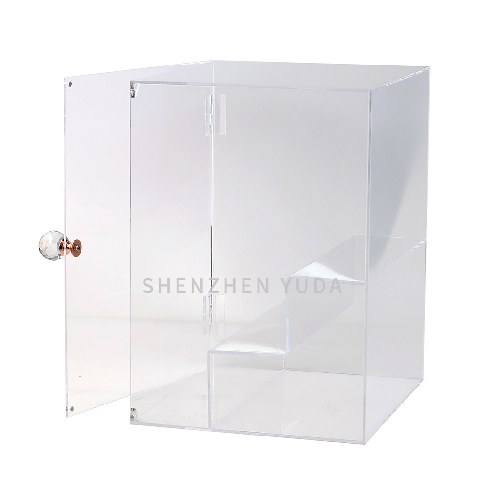 Clear Acrylic 2 Stepped Door Perfume Display Rack Desktop Makeup Case Dustproof Place Perfume Bottle Locker With Crystal Knob