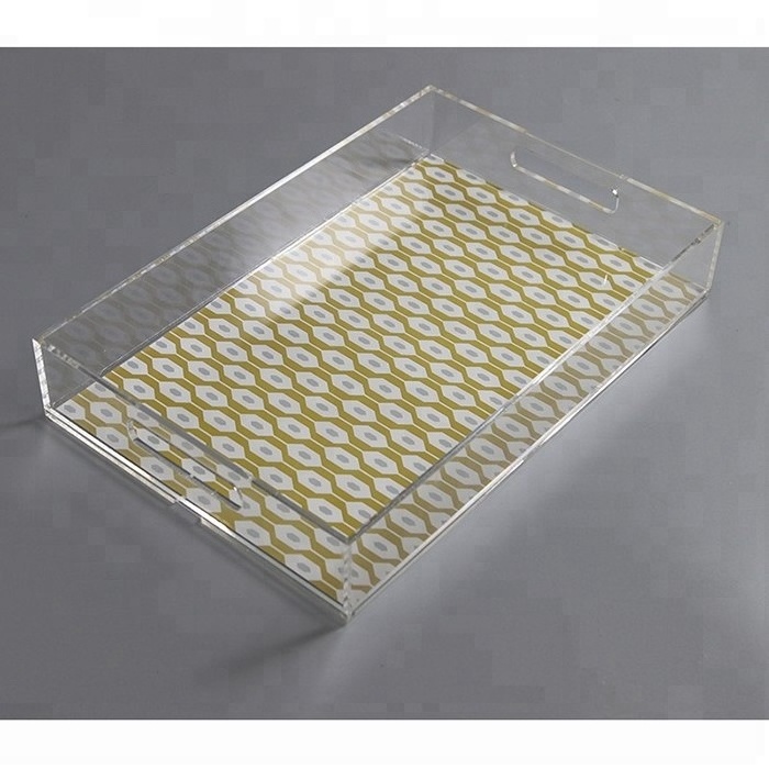 Plexiglass acrylic paper insert tray crystal square acrylic serving tray with round handles in China