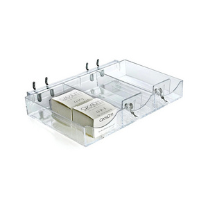 Durable Acrylic Shelf Pusher System Polished Three-compartment Pusher Tray Rectangular Cosmetic Tray with Metal U-Hooks