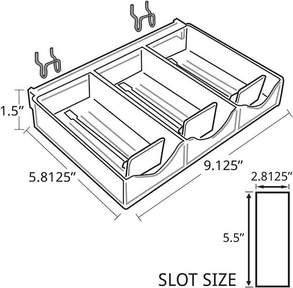 Durable Acrylic Shelf Pusher System Polished Three-compartment Pusher Tray Rectangular Cosmetic Tray with Metal U-Hooks