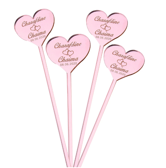 Acrylic Mirror Laser Cutting Engraved Love Heart Cocktail Stirrer Acrylic Drink Stirrer Swizzle Sticks