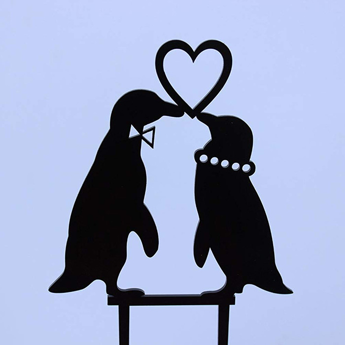 Black Acrylic Cartoon Cake Topper 2 Penguins with Love Heart Wedding Cake Topper Silhouette