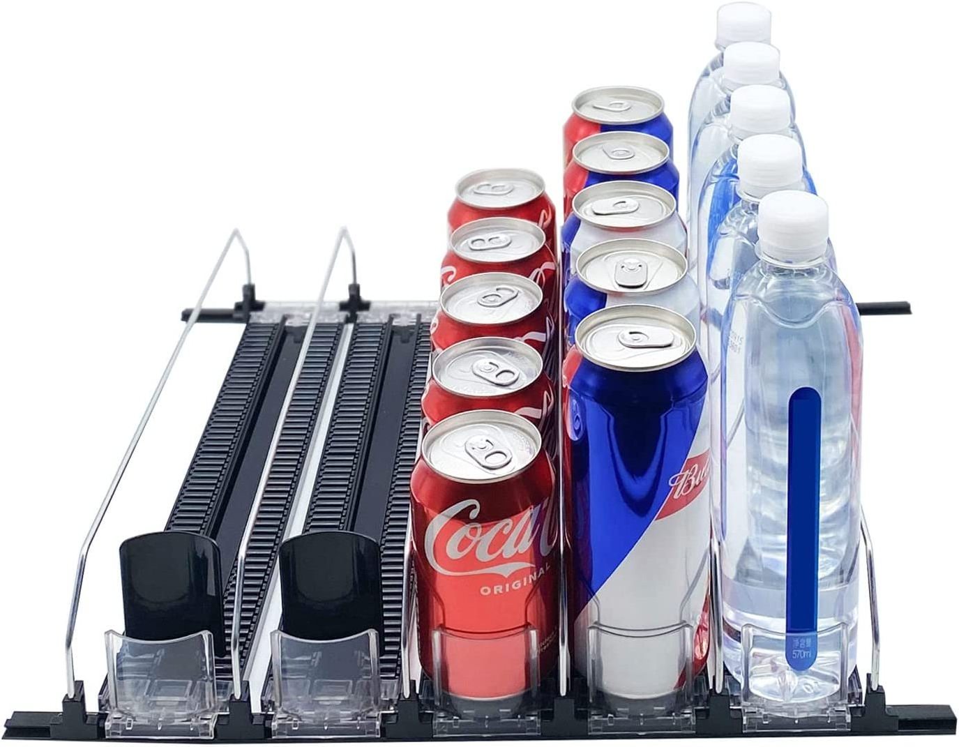 Black Automatic Drink Organizer Cooler Shelf Pusher System Adjustable Soda Dispenser Display Water Bottle Storage Rack