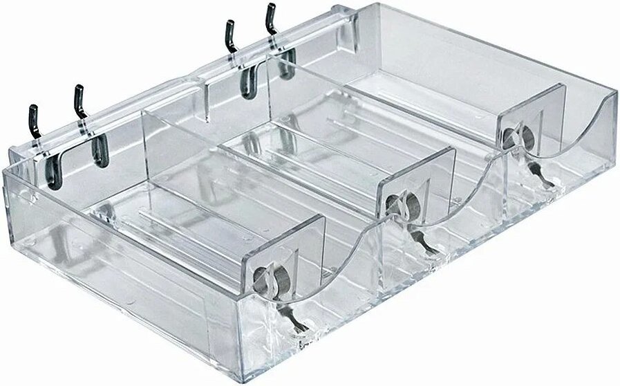 Durable Acrylic Shelf Pusher System Polished Three-compartment Pusher Tray Rectangular Cosmetic Tray with Metal U-Hooks