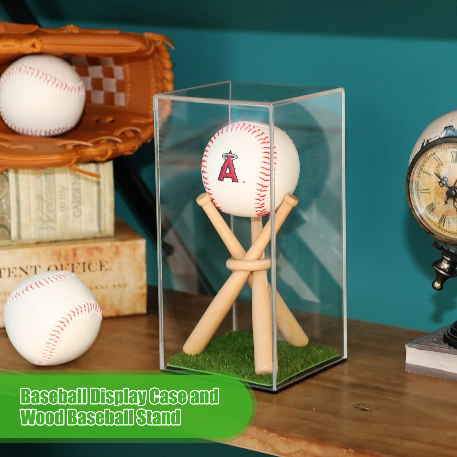 Clear Acrylic Baseball Display Box Single Memorabilia Autograph Ball Case With Grass Pad And Mini Wooden Bat Baseball Holder