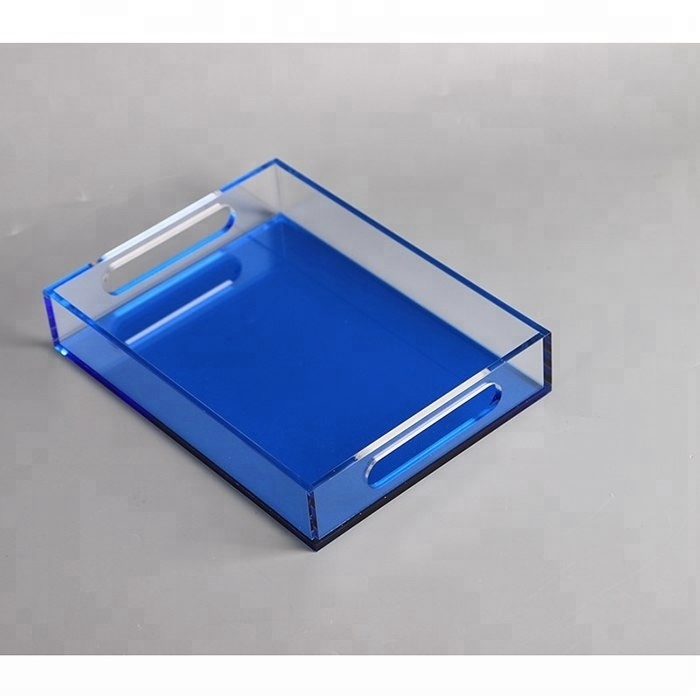 Plexiglass acrylic paper insert tray crystal square acrylic serving tray with round handles in China