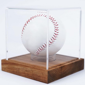 Wood Base Clear Cube Baseball Holder Autograph Baseball Stand Box Square Acrylic Baseball Display Case With Perspex Ring Holder