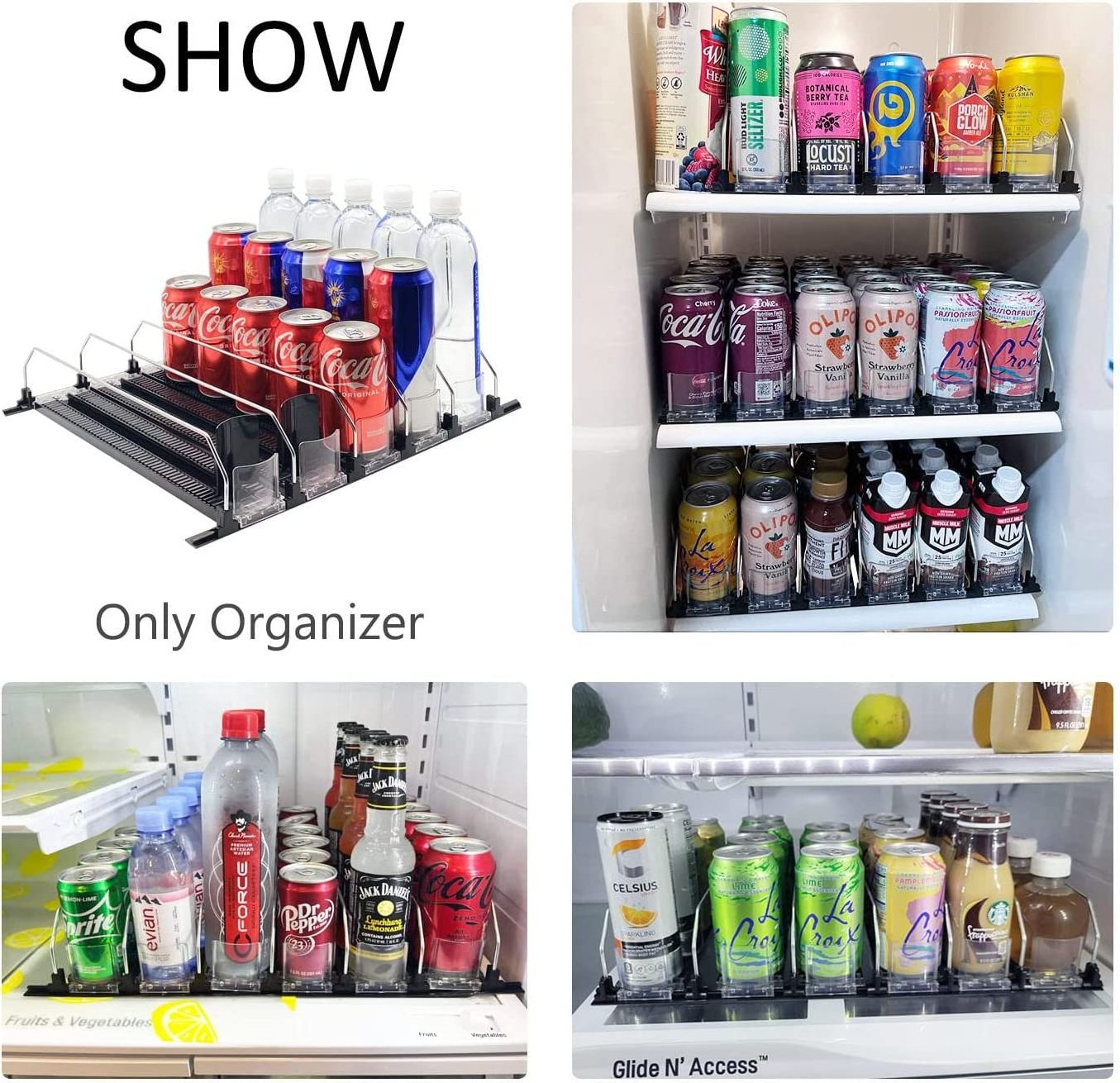 Black Automatic Drink Organizer Cooler Shelf Pusher System Adjustable Soda Dispenser Display Water Bottle Storage Rack