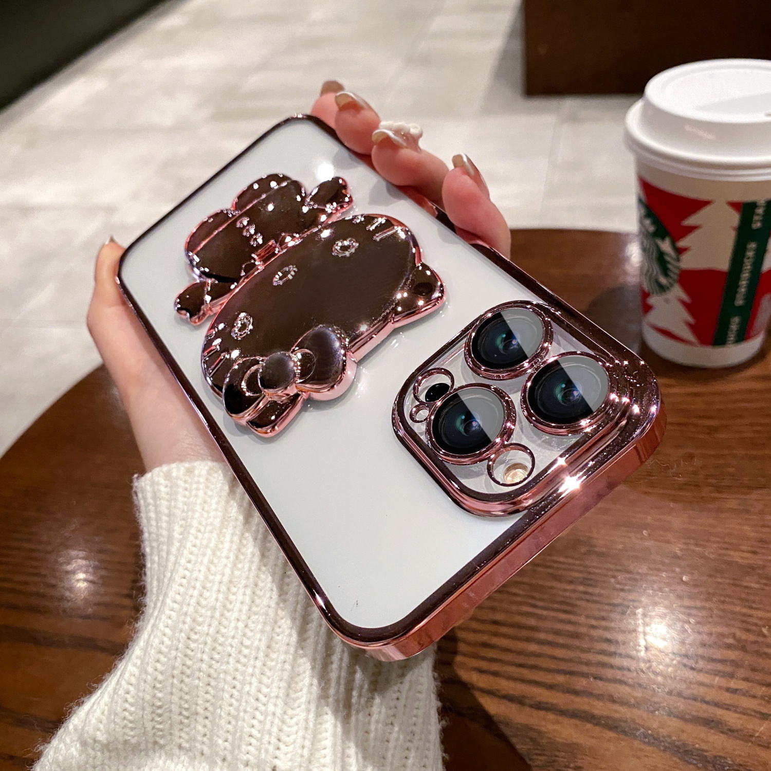 New Plating KT Cat Makeup Mirror invisible Holder Mobile Phone Case For iphone 14 13 12 11 pro max Transparent Protection Cover