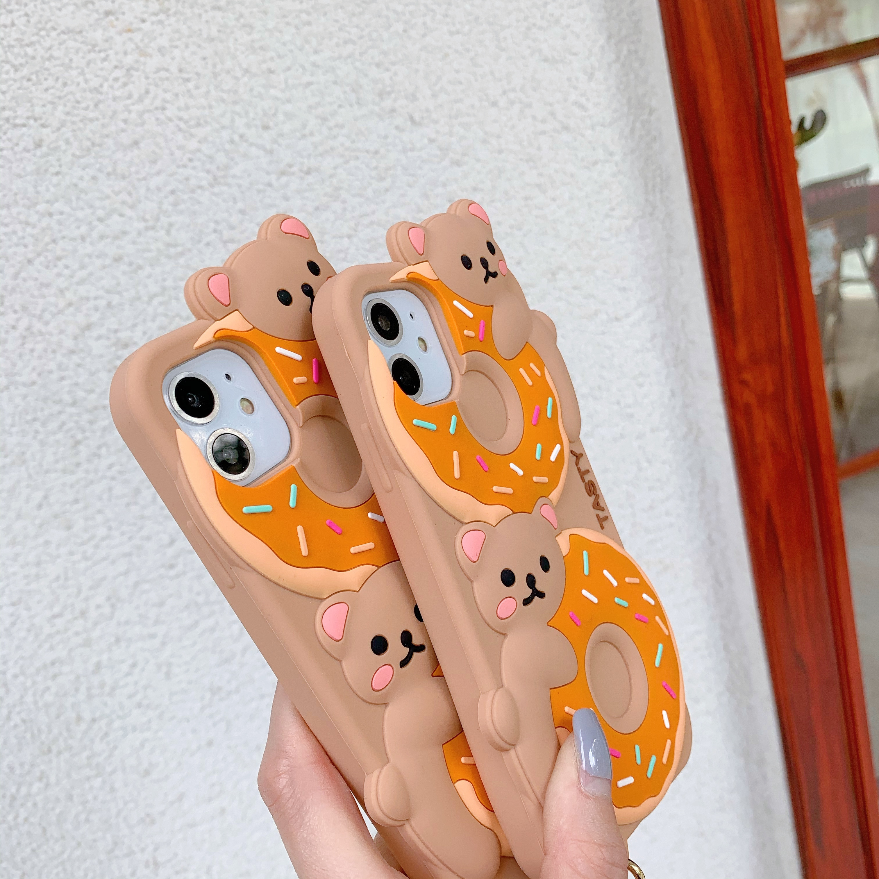 Fashions 3D Cute Cartoon Tasty Donuts Bear Phone Case For IPhone 13 12 11 Pro XR XSMax 7 8 Plus Key Ring Pendant Soft Back Cover