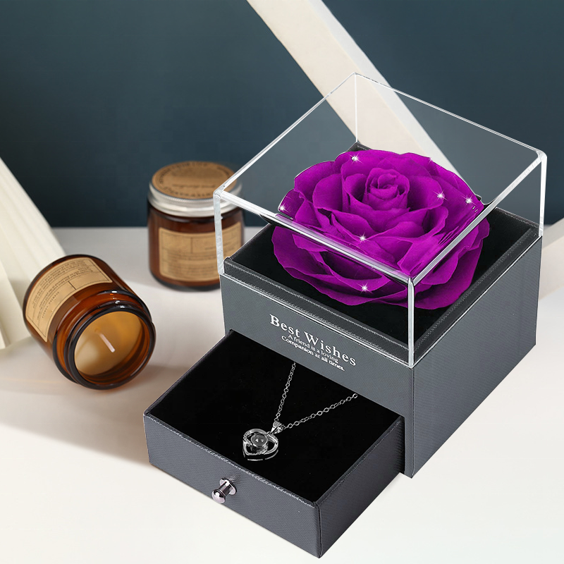 Valentines Mother Day Gift Preserved Roses in Acrylic Box Preserved Roses Box With I Love You Necklace Gift