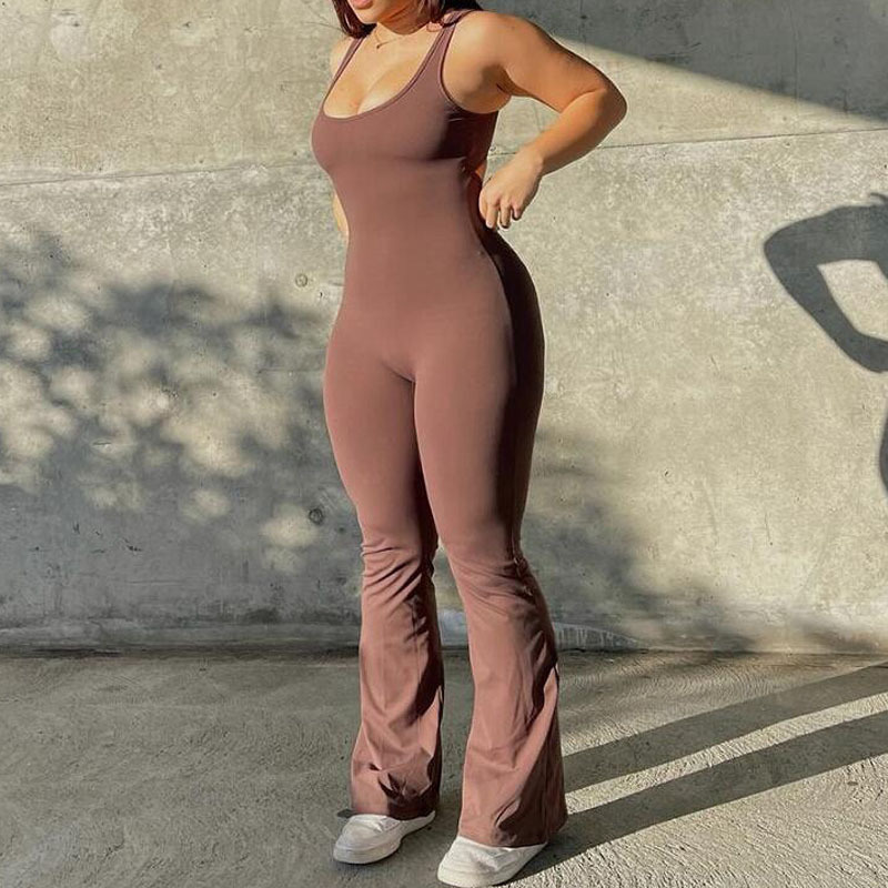 Workout Flare Jumpsuits Sexy Backless Gym Bodycon Scrunch Butt Yoga Rompers V Back Women Jumpsuits