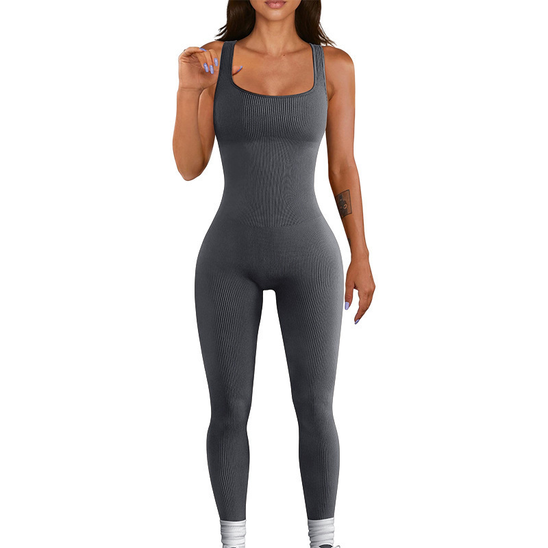 Butt Lift One Piece Ribbed Workout Outfits Exercise Seamless Tight Fitting Bodycon Yoga Jumpsuit