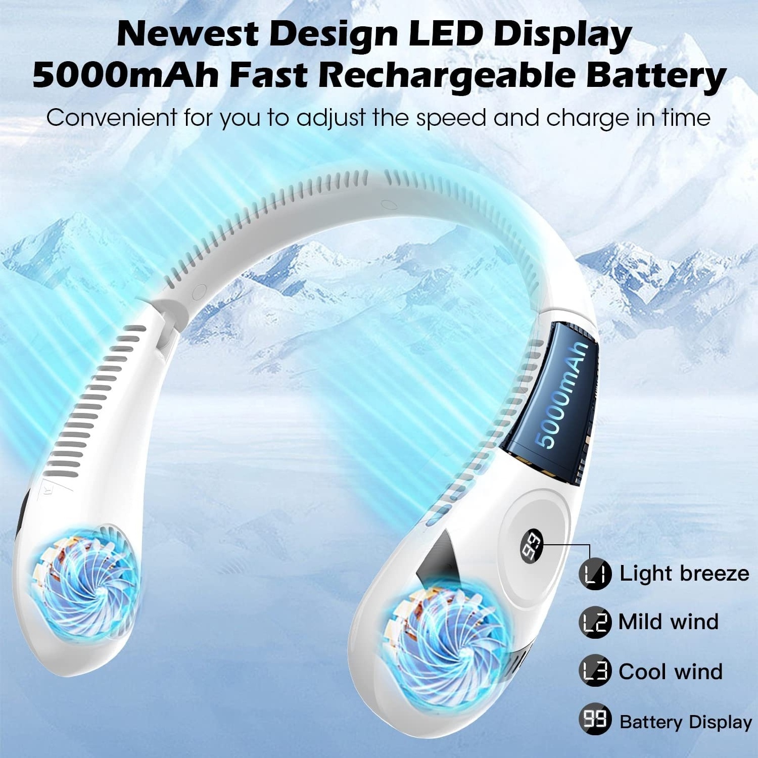 New Design Foldable LED digital display outdoor rechargeable electric Air cooling portable bladeless neck fan with three speed