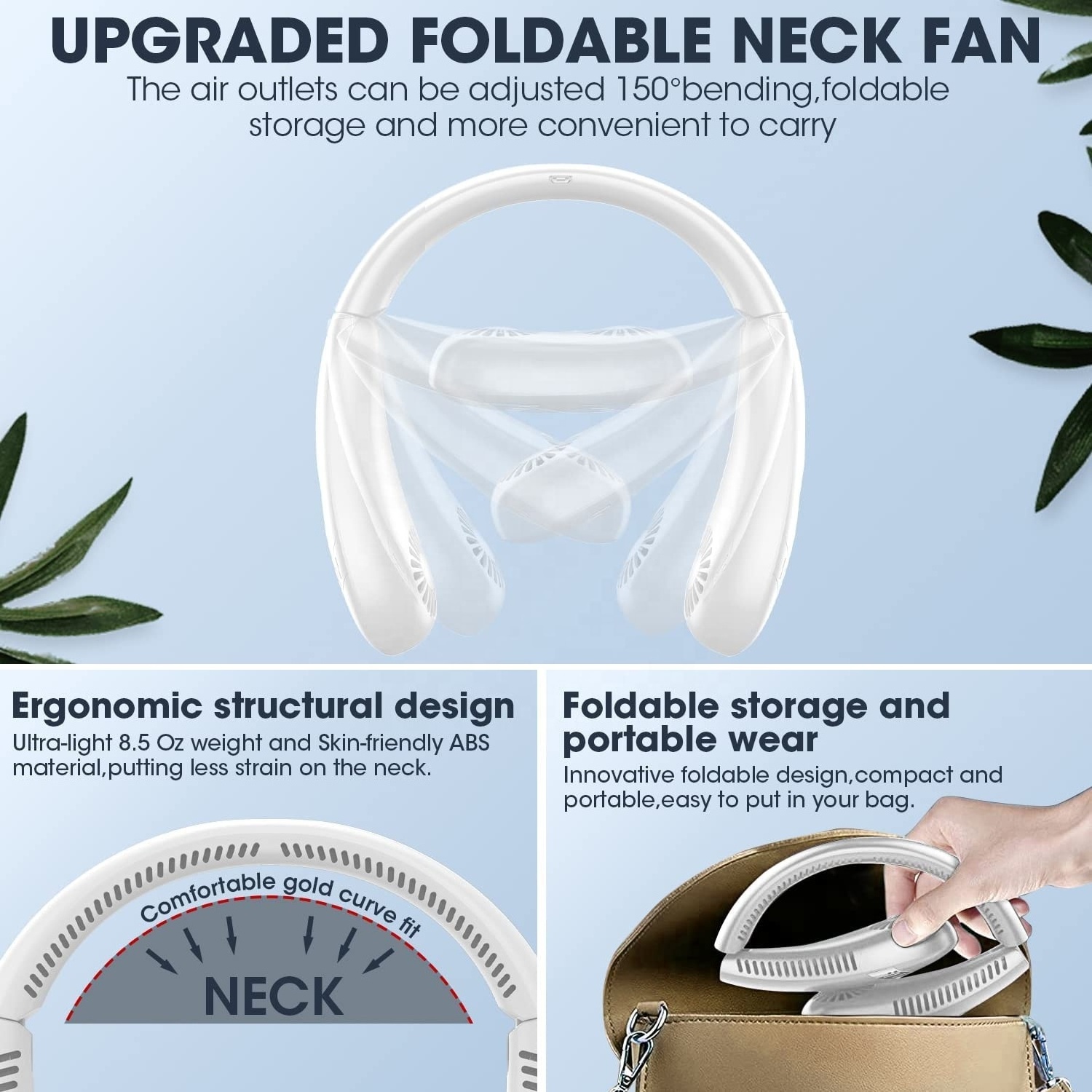 New Design Foldable LED digital display outdoor rechargeable electric Air cooling portable bladeless neck fan with three speed