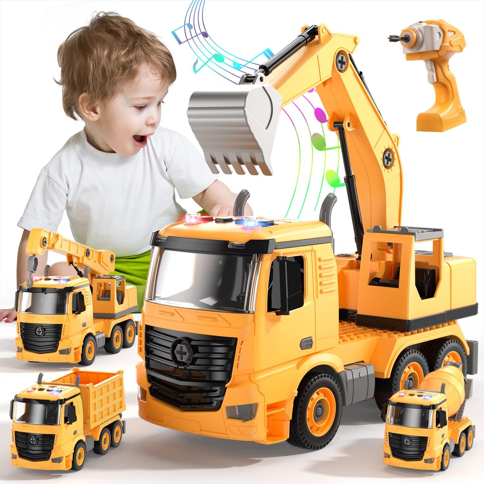 Remote Control Car Construction Truck 4 in 1 RC Vehicle Toy Car Take Apart Toys w/Electric Drill Building Toy Birthday Gifts