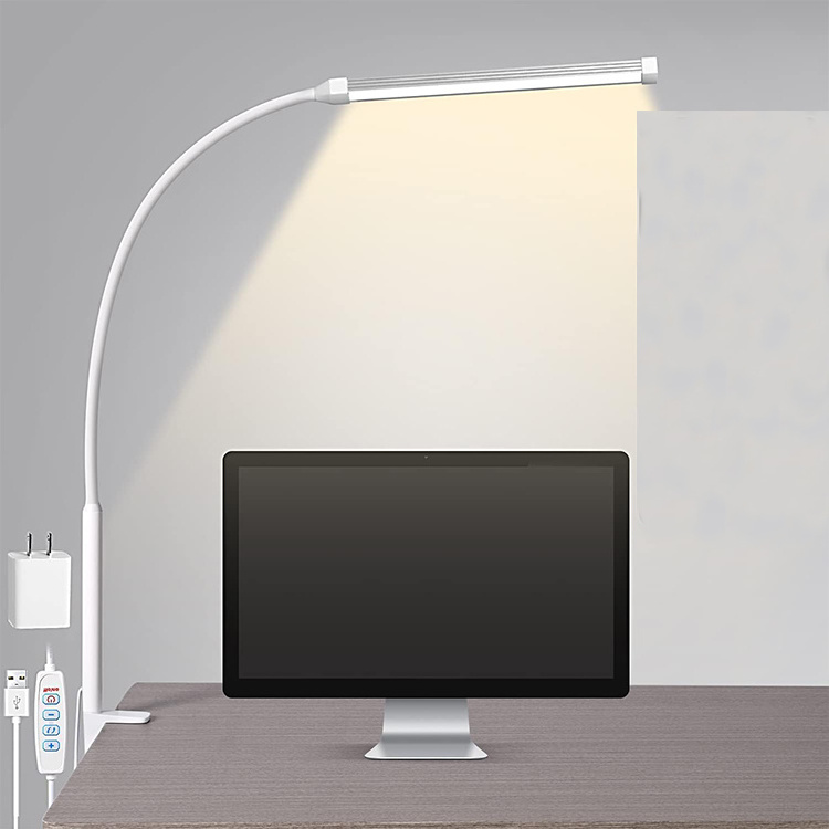 Gooseneck LED Desk lamp with Clamp Eye-Caring Clip on Lights for Home Office 3 Modes 10 Brightness Table Lamps with USB Adapter