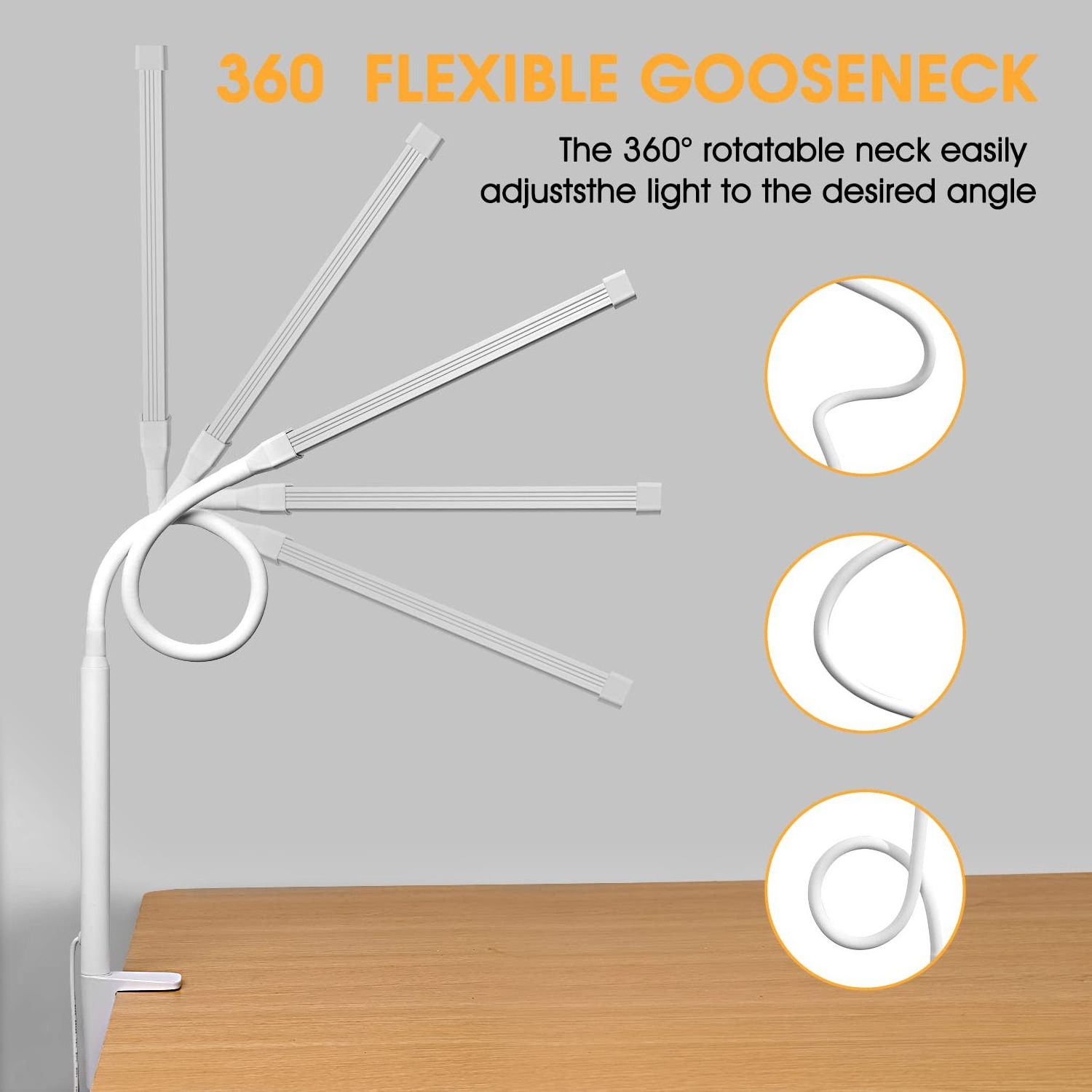 Gooseneck LED Desk lamp with Clamp Eye-Caring Clip on Lights for Home Office 3 Modes 10 Brightness Table Lamps with USB Adapter