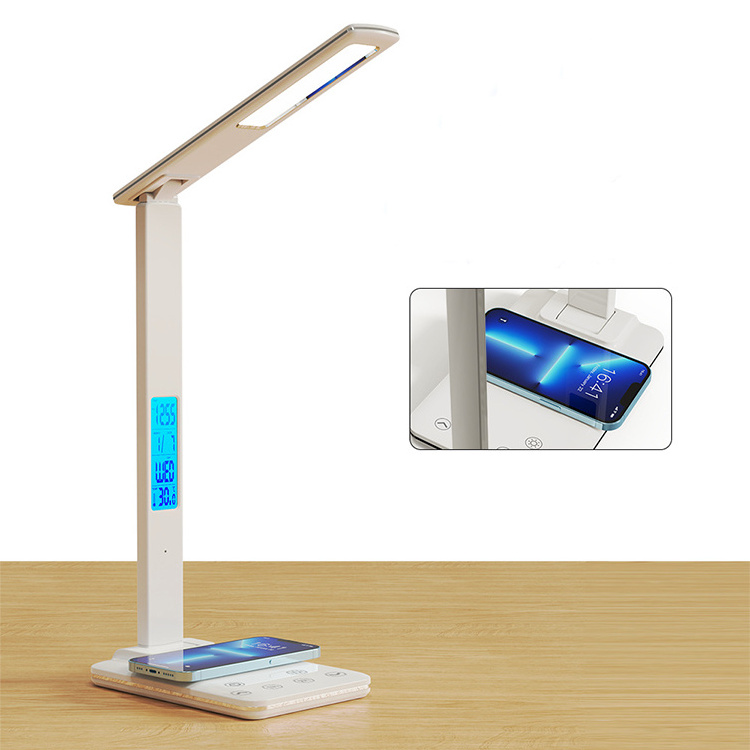 Desk Light with Wireless Charger USB Charging Port Dimmable Desk Lamp with Clock Alarm Date Temperature Lamp for Home Office