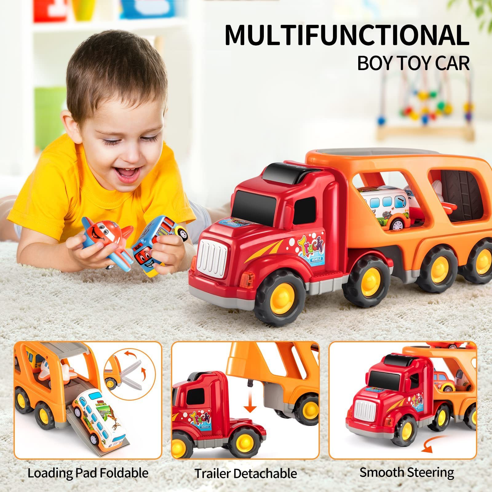 Toddler Carrier Truck Transport Vehicles Toys 5 in 1 Toys for 3-9 Kids Toy Cars Friction Power Set for Kids Christmas Best Gifts