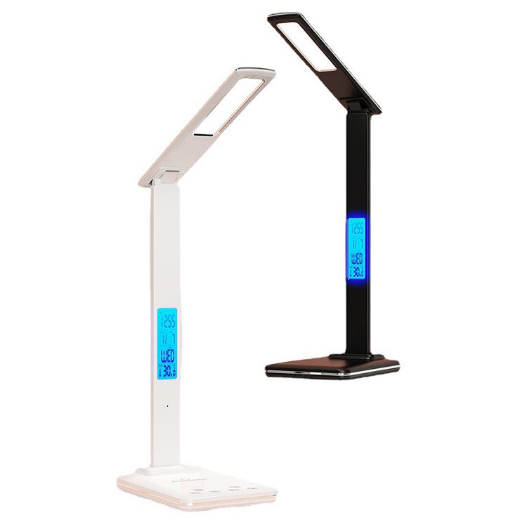 Desk Light with Wireless Charger USB Charging Port Dimmable Desk Lamp with Clock Alarm Date Temperature Lamp for Home Office