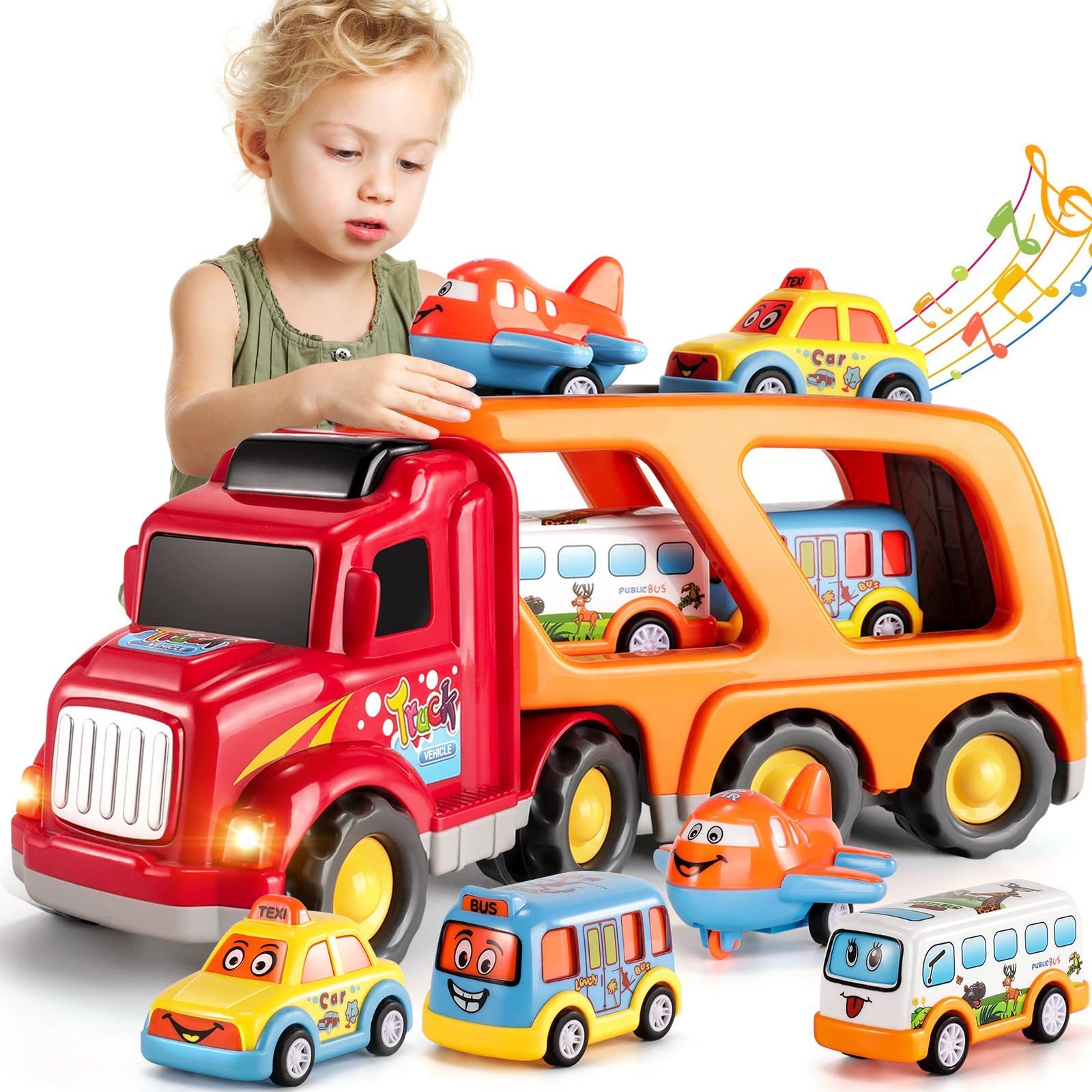 Toddler Carrier Truck Transport Vehicles Toys 5 in 1 Toys for 3-9 Kids Toy Cars Friction Power Set for Kids Christmas Best Gifts