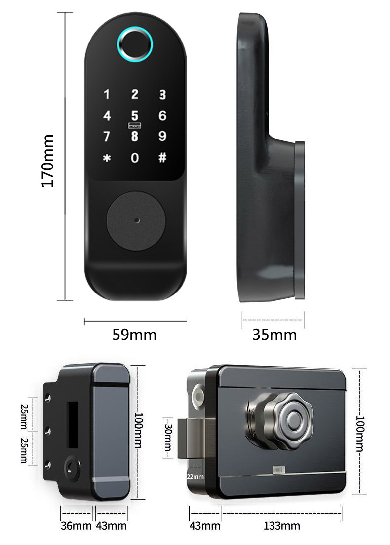 Outdoor steel iron outside metal gate swing door fingerprint Smart TUYA TTLOCK APP Electronic Rim Door Lock