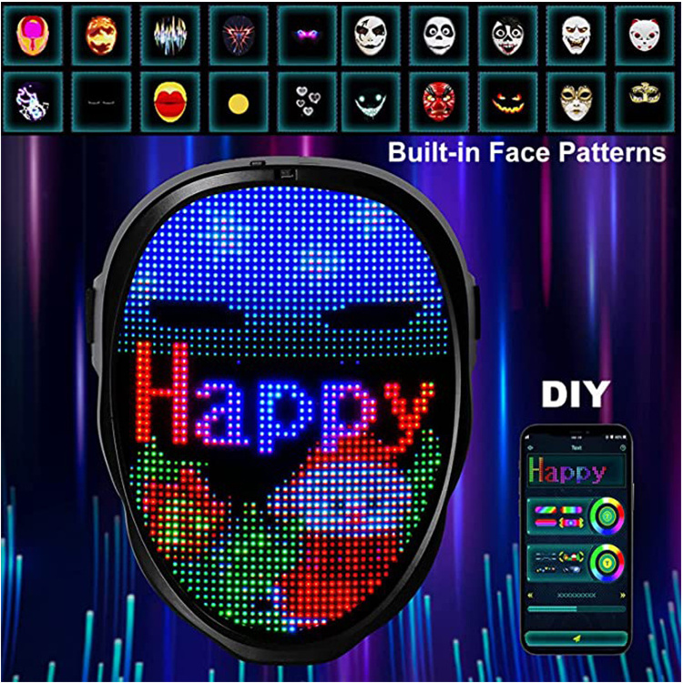 Programmable LED Luminous Mask Bluetooth RGB Led Lights Up Party Mask DIY Picture Editing Animation Text Love Prank Concert Mask