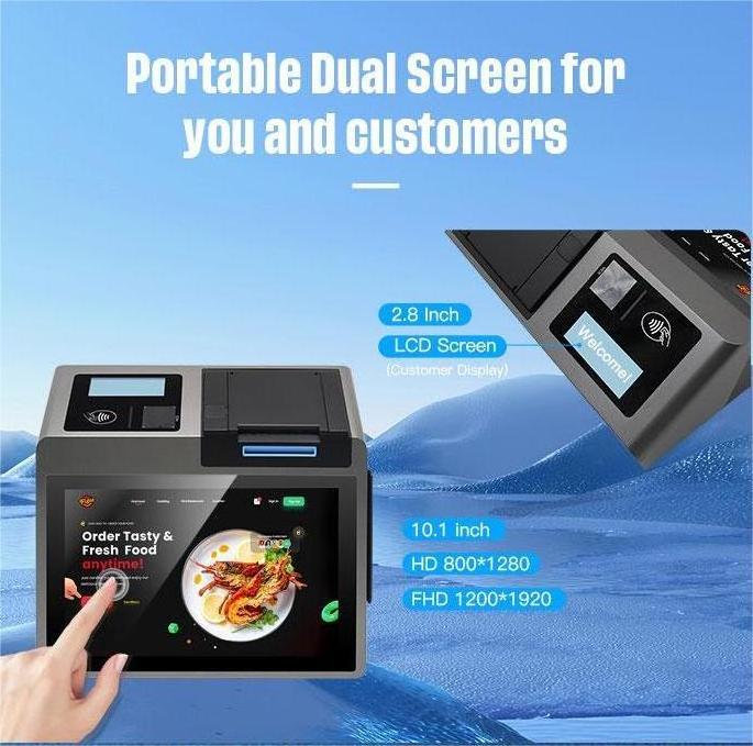 10.1'' Android 11 Cashier Z100 POS Terminal Machine with 80mm Thermal Printer/ NFC reader/ VFD display For Food Court