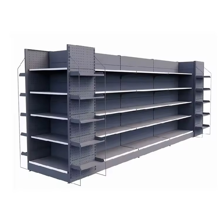 Single and double sided beverage and snack shelving modern supermarket shelves