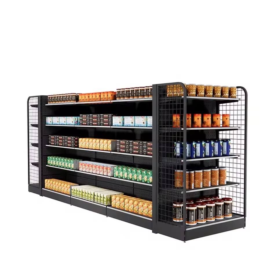 Single and double sided beverage and snack shelving modern supermarket shelves