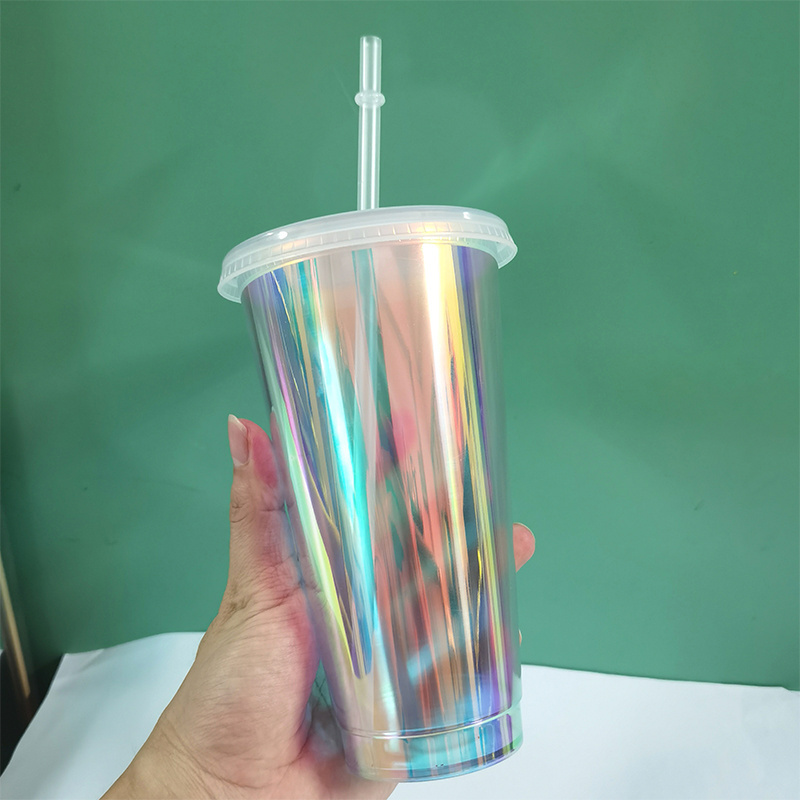 Factory Wholesale Reusable Holographic Hologram Cup 24oz Plastic Tumbler Cold Opal Cup With Lids And Straw