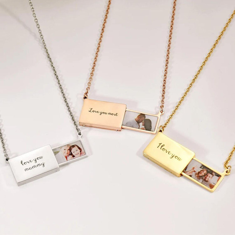 Custom logo engraved necklace stainless steel Inside holds picture love letter Envelope Pendant Locket Necklace