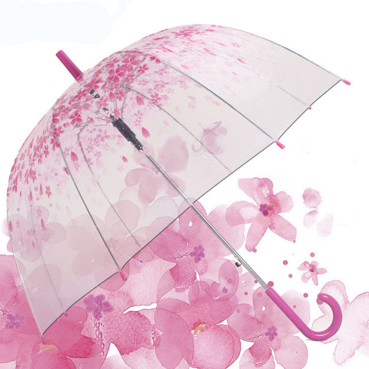 Custom design Pink Flower Clear Bubble outdoor Dome automatic Handle Cherry Blossom Stick Wedding Windproof Rain Umbrella