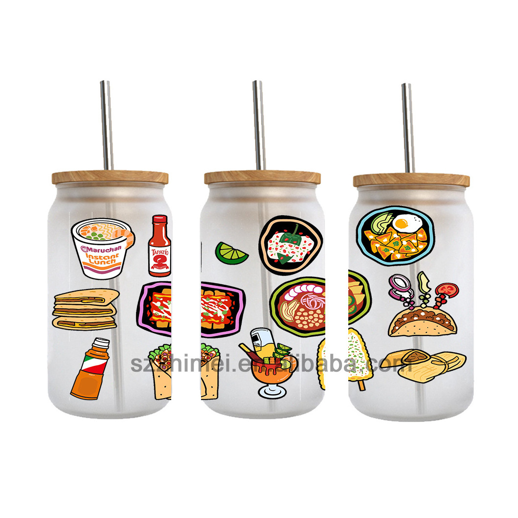 Custom Tumbler Transfer mexican candy snacks patten No Heat Needed Waterproof uv dtf 16oz Glass Beer Can Cup wraps Transfers