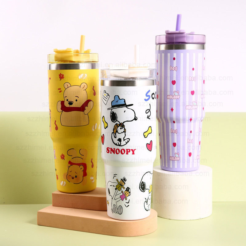 Custom Logo Cartoon Pattern 30oz Outdoor Mug Vacuum Insulation Sublimation Tumbler Coffee Cup with Straw and Lid