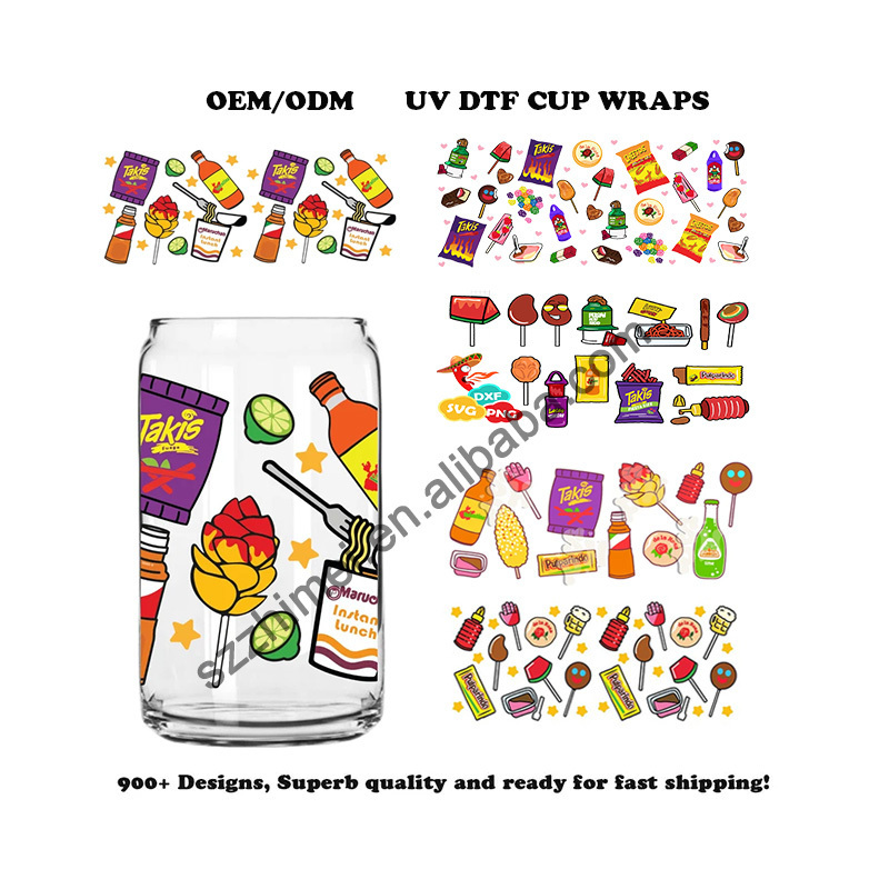 Custom Tumbler Transfer mexican candy snacks patten No Heat Needed Waterproof uv dtf 16oz Glass Beer Can Cup wraps Transfers