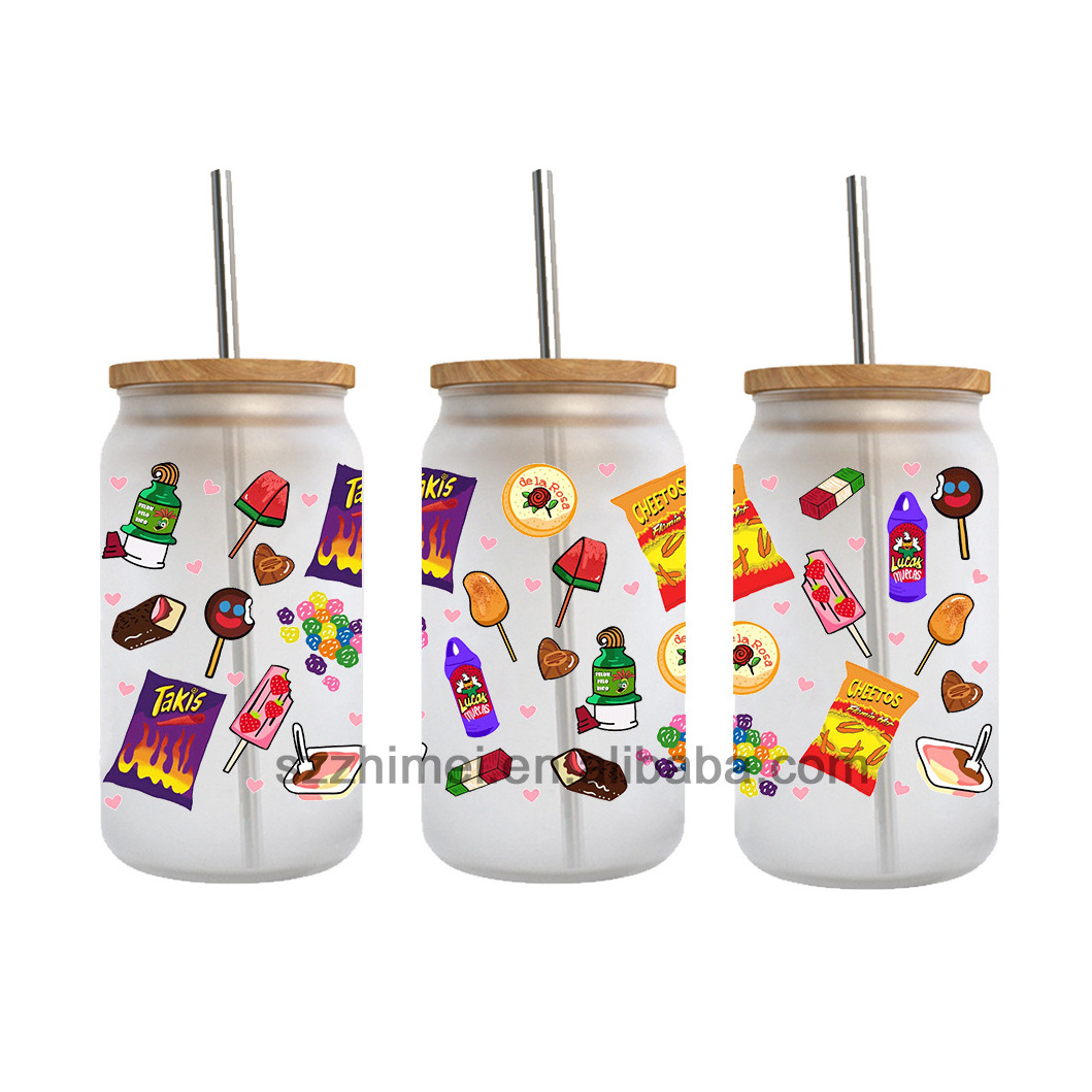 Custom Tumbler Transfer mexican candy snacks patten No Heat Needed Waterproof uv dtf 16oz Glass Beer Can Cup wraps Transfers